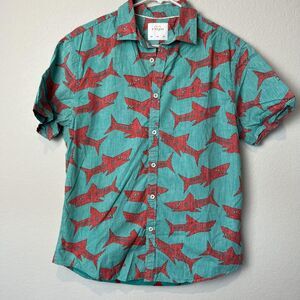Zipcode 92 Shirt Mens Large Teal Red Shark Print Button Front Cotton Casual